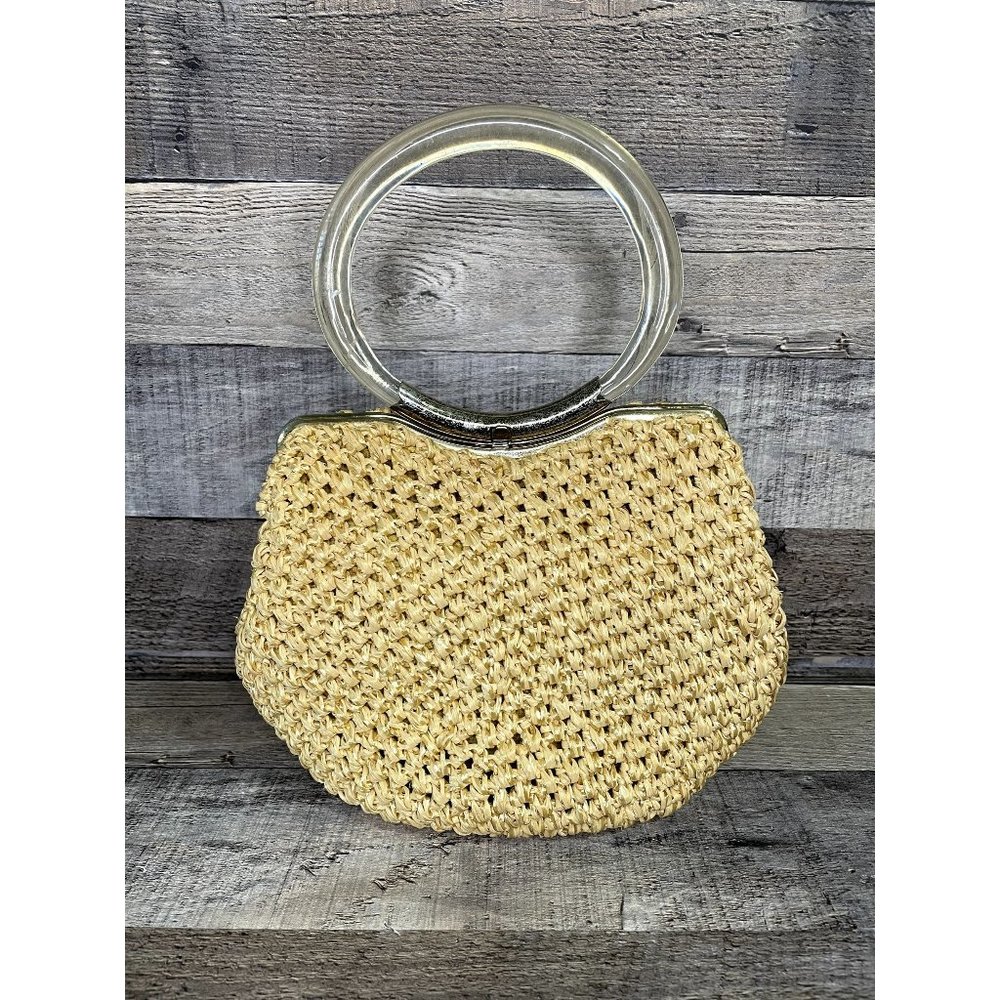Vintage 50s MM Crochet Straw Handbag with Lucite Handle